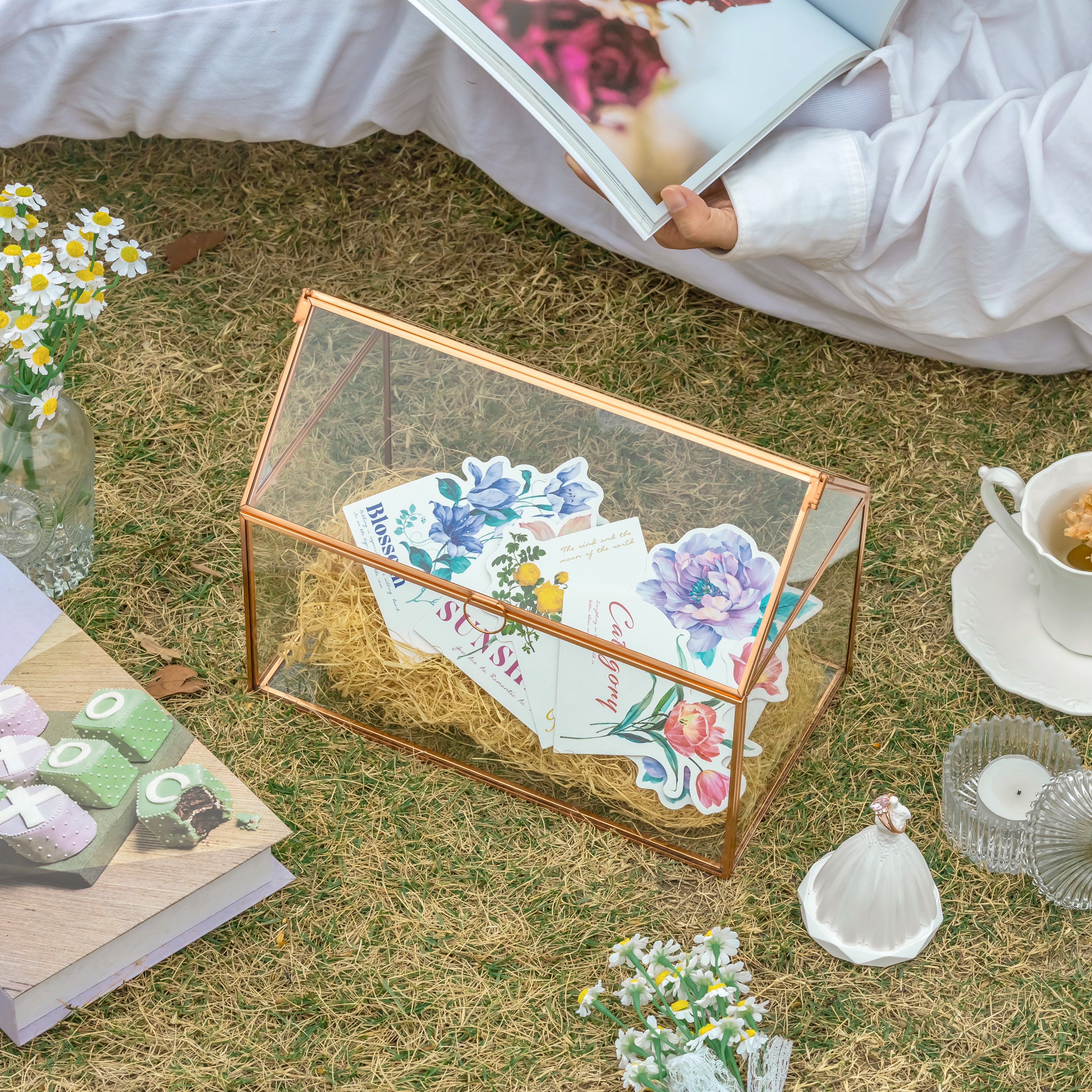 Geometric Glass Card Box Terrarium, Rose Gold, Pink House Shape Handmade, Pure Copper,for Wedding Reception, Wishwell, Keepsake Centerpiece - NCYPgarden