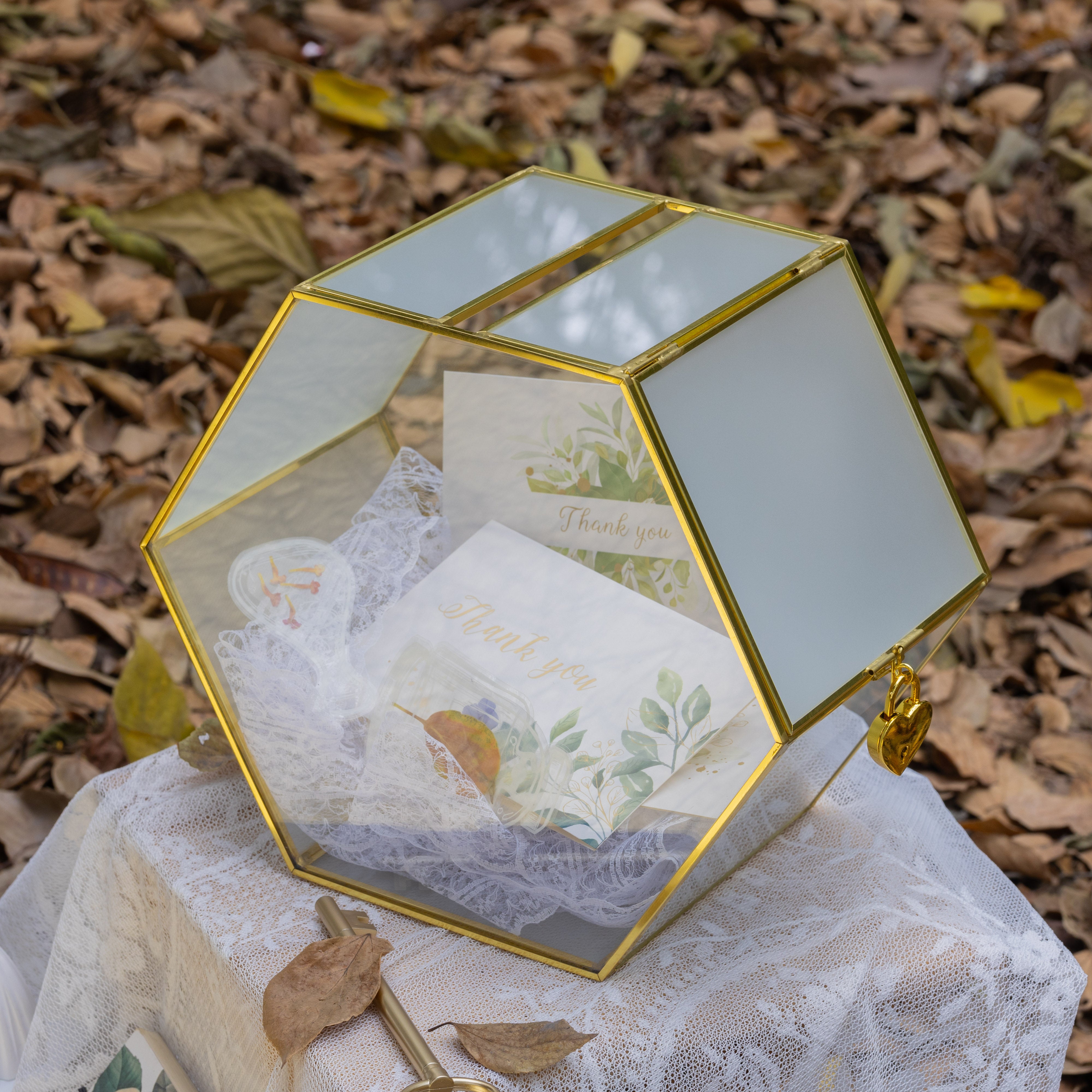 Hexagon Gold Brass and Glass Card box, Lockable, with slot for wedding, wishwell, babyshower - NCYPgarden