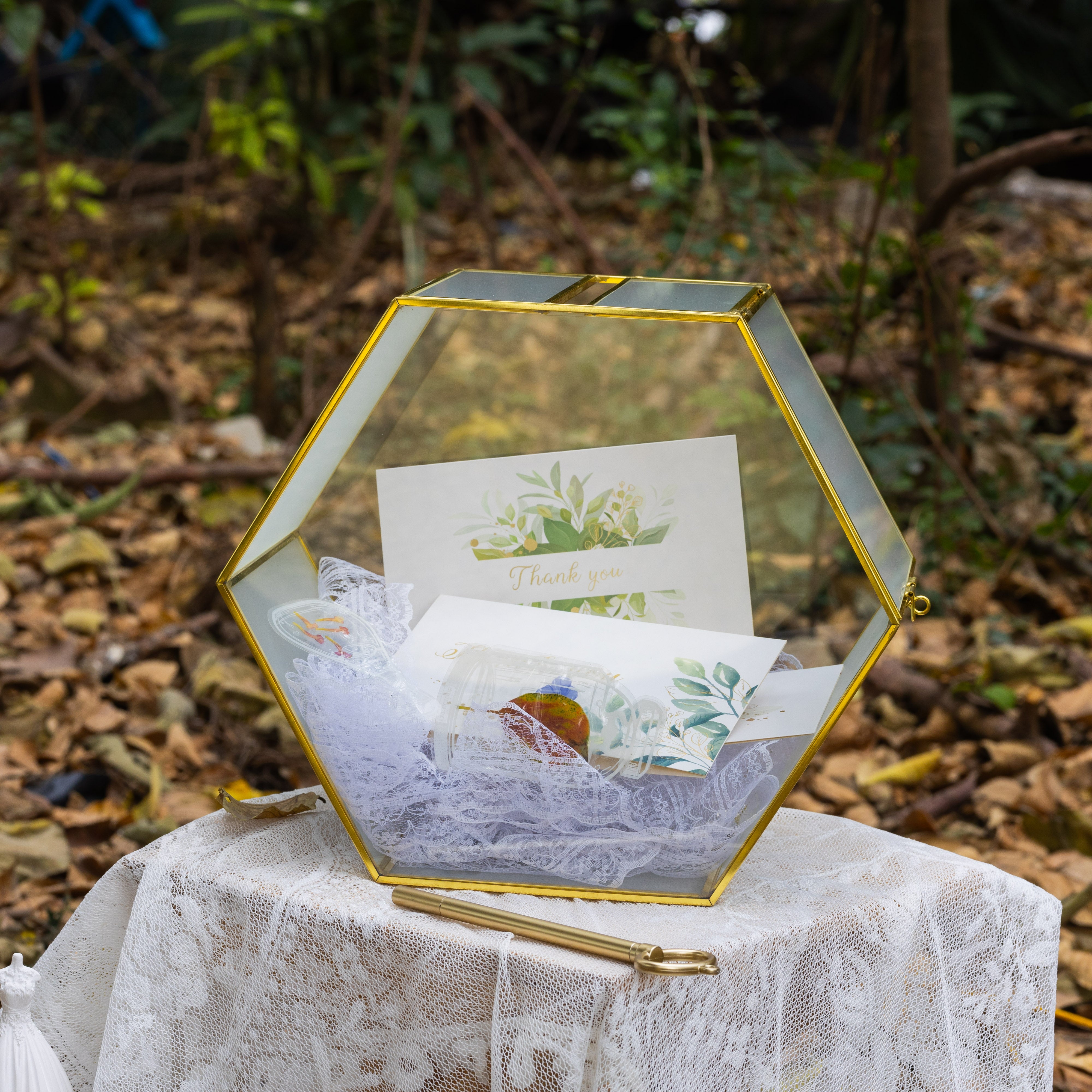 Hexagon Gold Brass and Glass Card box, Lockable, with slot for wedding, wishwell, babyshower - NCYPgarden