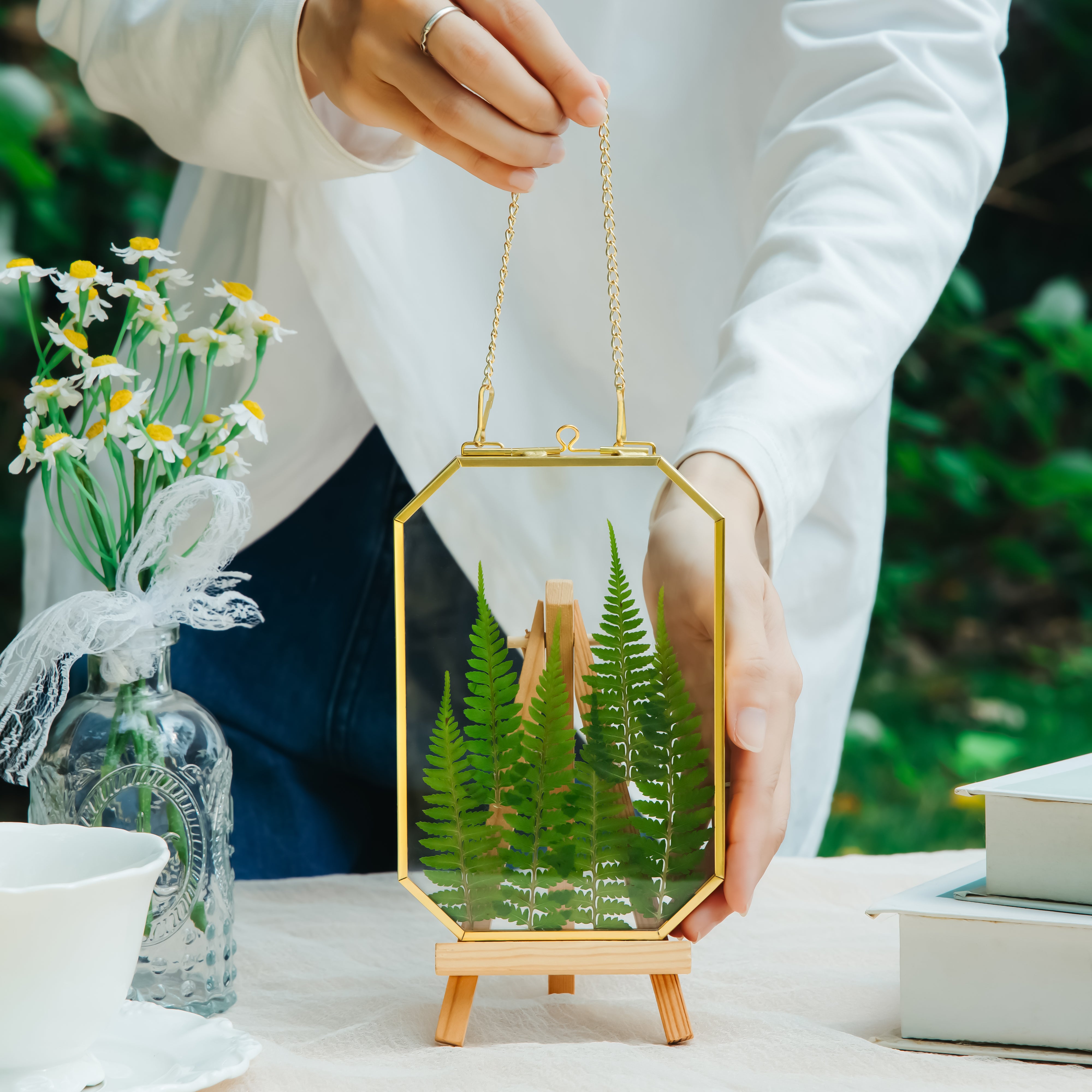 Wall Hanging Long Octagon Herbarium Brass Glass Frame for Pressed Flowers Dried floating Frame - NCYPgarden