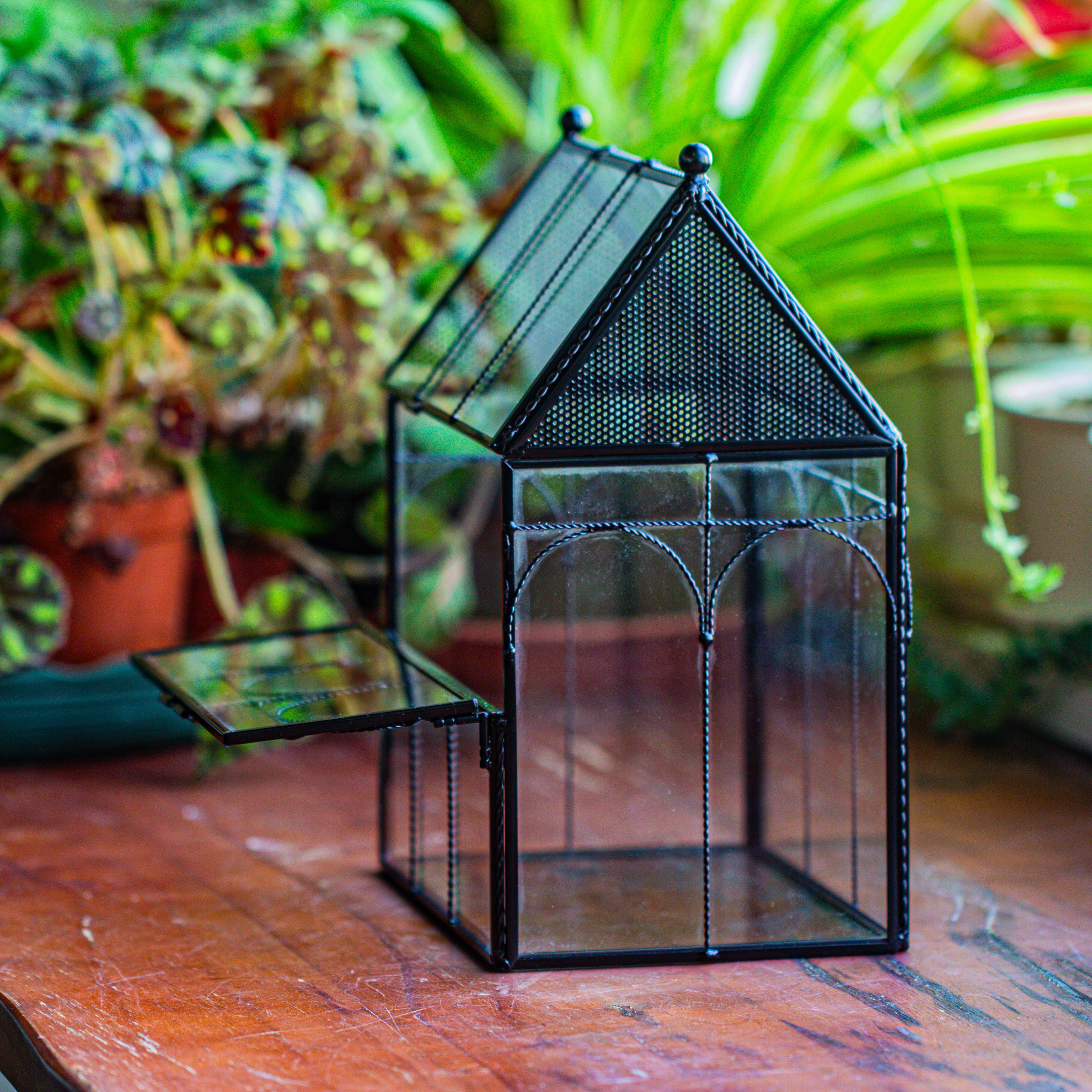 NCYP Vintage House Shape Stainless Steel and Glass Geometric Terrarium, with side door, with Mesh / vent holes for small Insects Pet - NCYPgarden