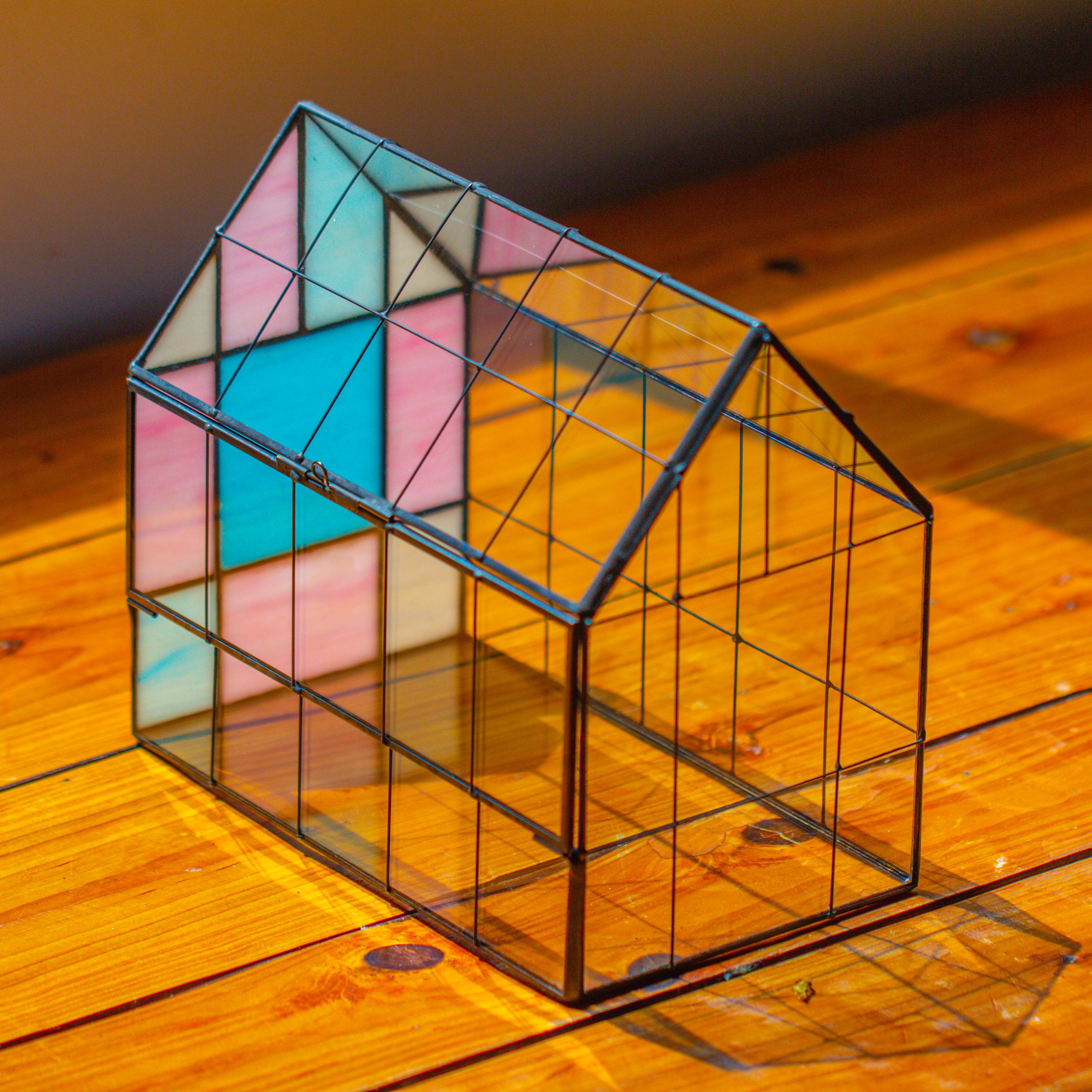 Blue Pink White  Stained Glass House Shape Geometric Terrarium, Vintage Style, Close