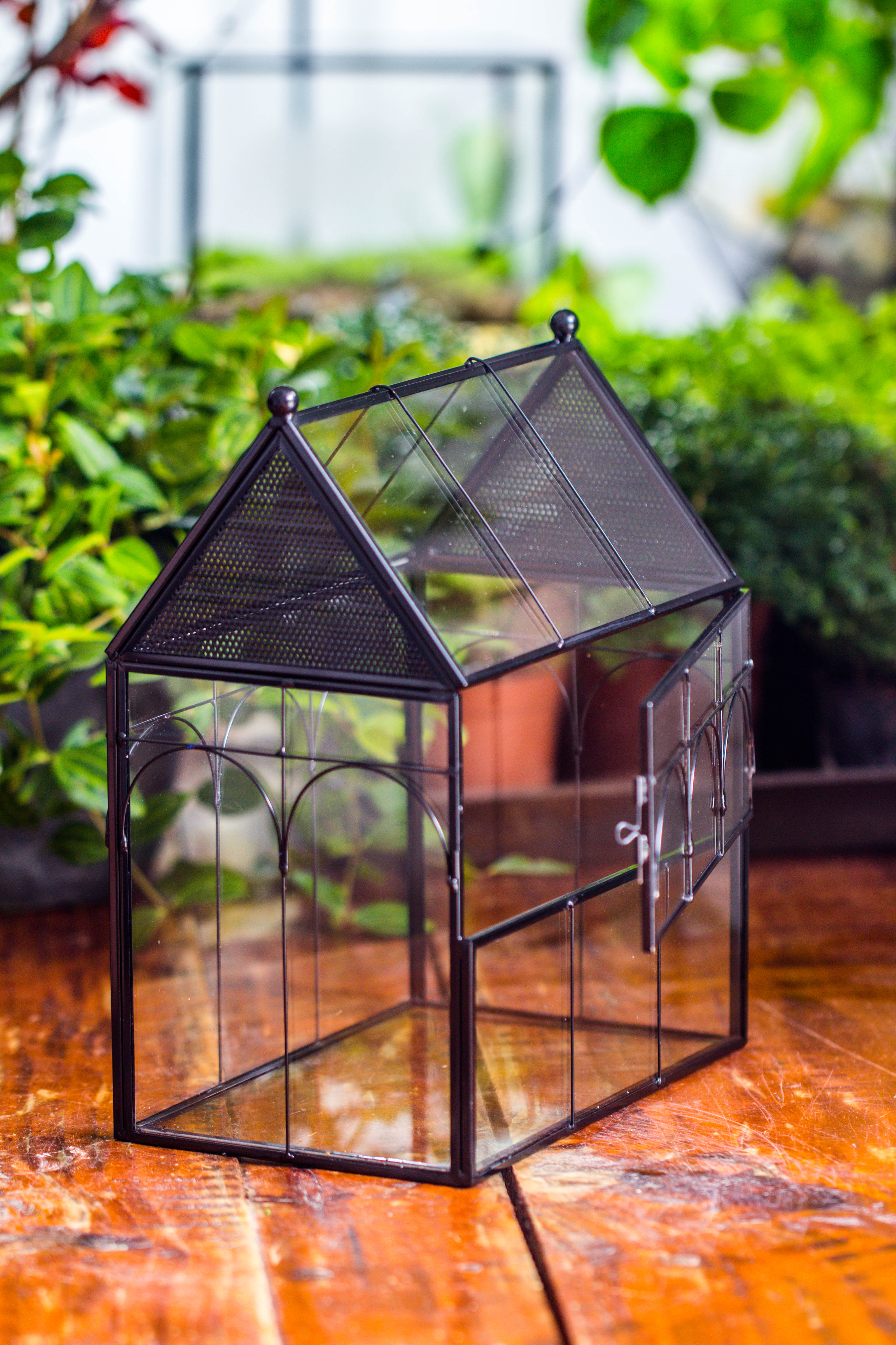 NCYP Vintage House Shape Tin and Glass Geometric Terrarium, with side door, with Mesh / vent holes for small Insects Pet building set - NCYPgarden