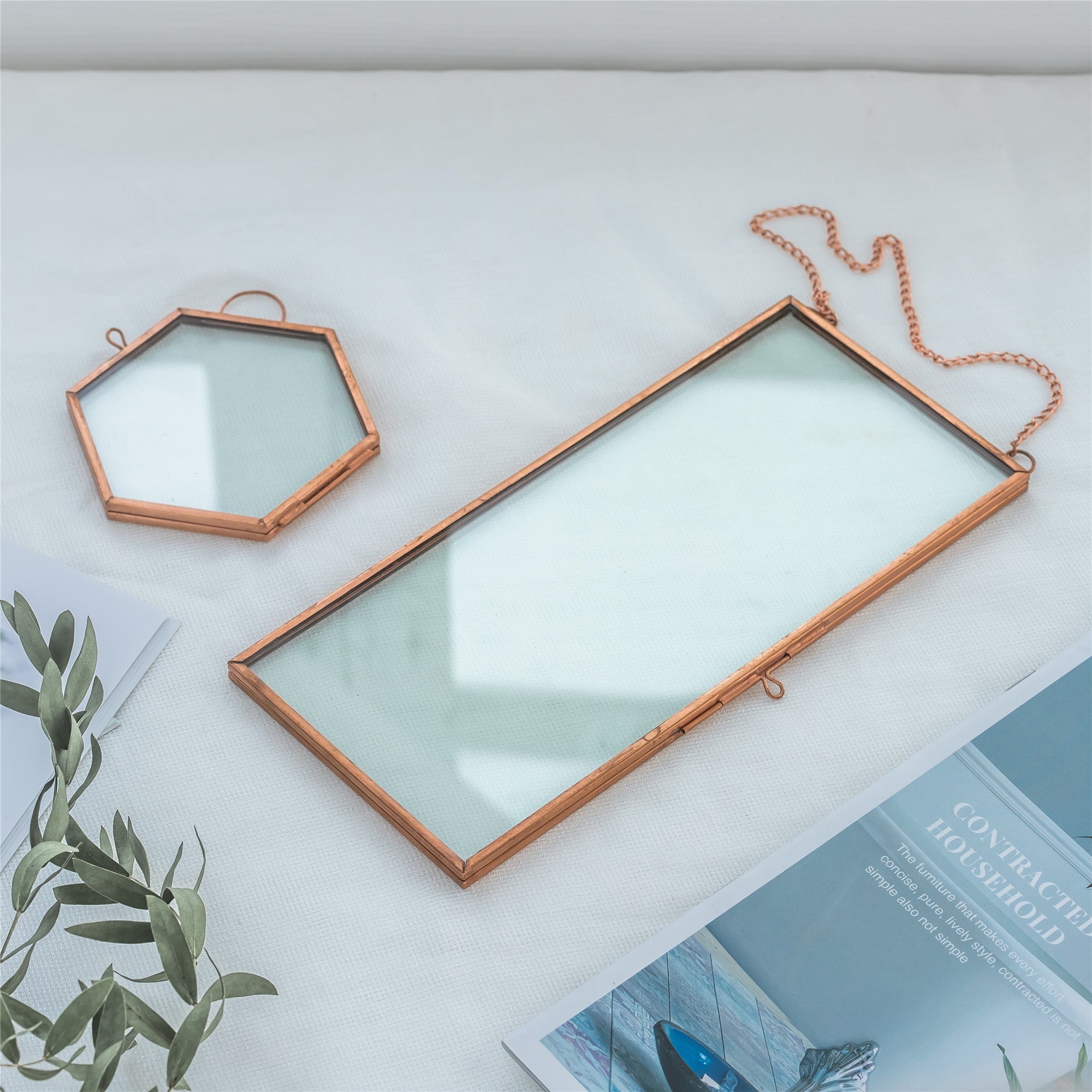 Hanging Small Pink Hexagon Herbarium Copper Glass Frame for Pressed Flowers Dried Flowers - NCYPgarden