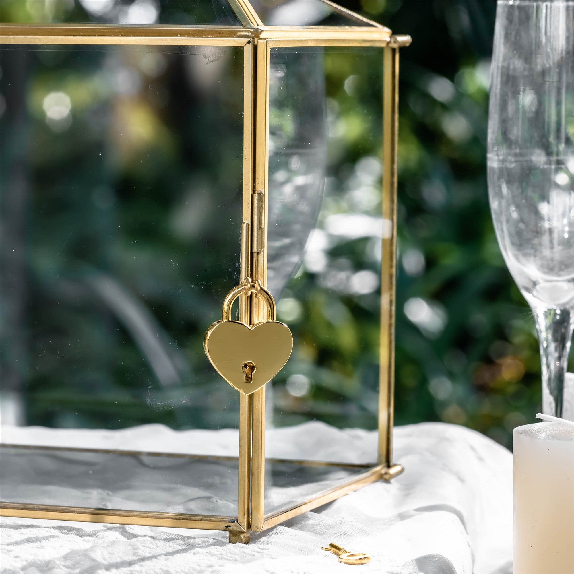 Large Geometric Glass Card Box Terrarium with Slot and Heart Lock, Foot, Gold, Handmade, Brass,for Wedding Receiption, Wishwell, Keepsake Centerpiece - NCYPgarden