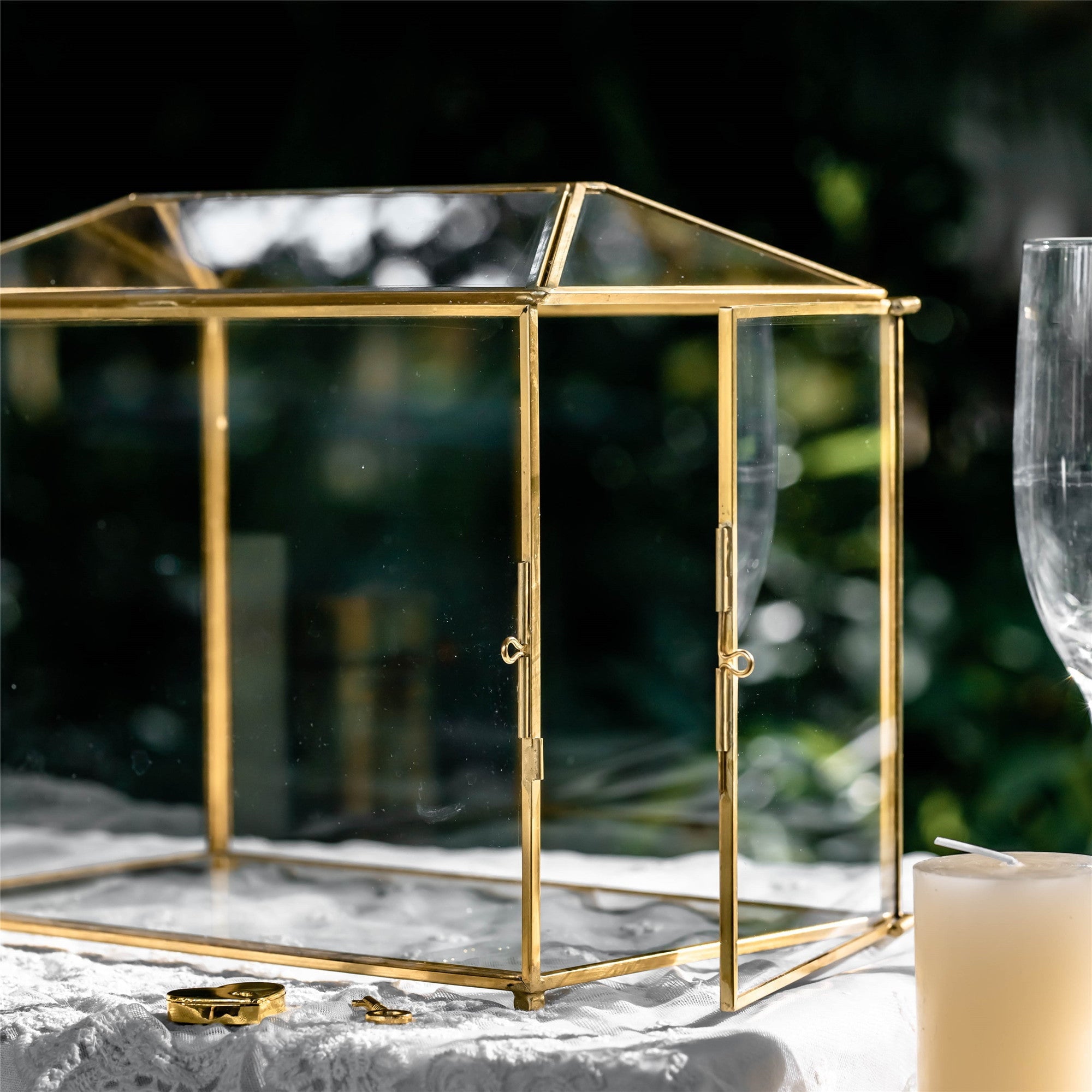 Large Geometric Glass Card Box Terrarium with Slot and Heart Lock, Foot, Gold, Handmade, Brass,for Wedding Receiption, Wishwell, Keepsake Centerpiece - NCYPgarden