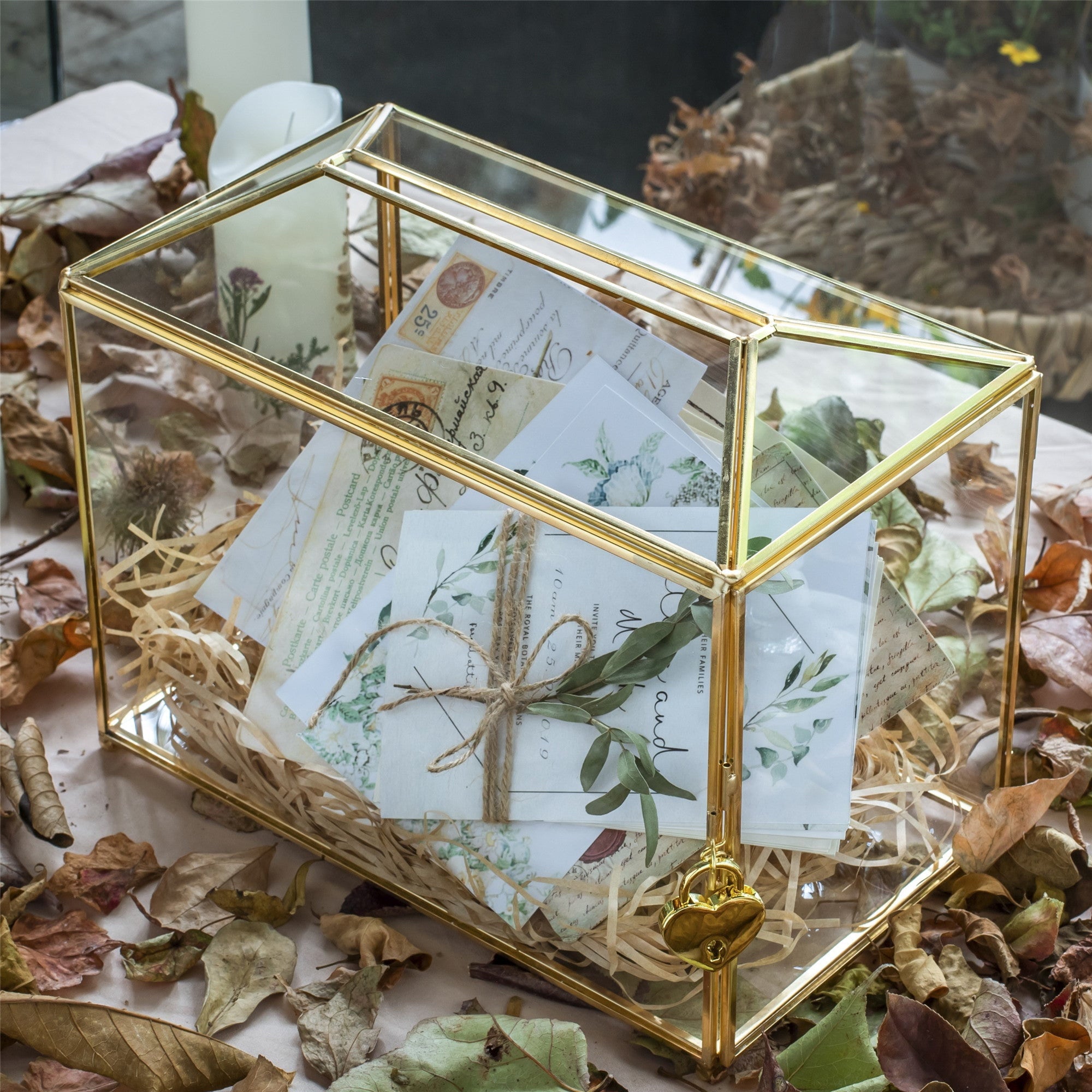 Large Geometric Glass Card Box Terrarium with Slot and Heart Lock, Foot, Gold, Handmade, Brass,for Wedding Receiption, Wishwell, Keepsake Centerpiece - NCYPgarden