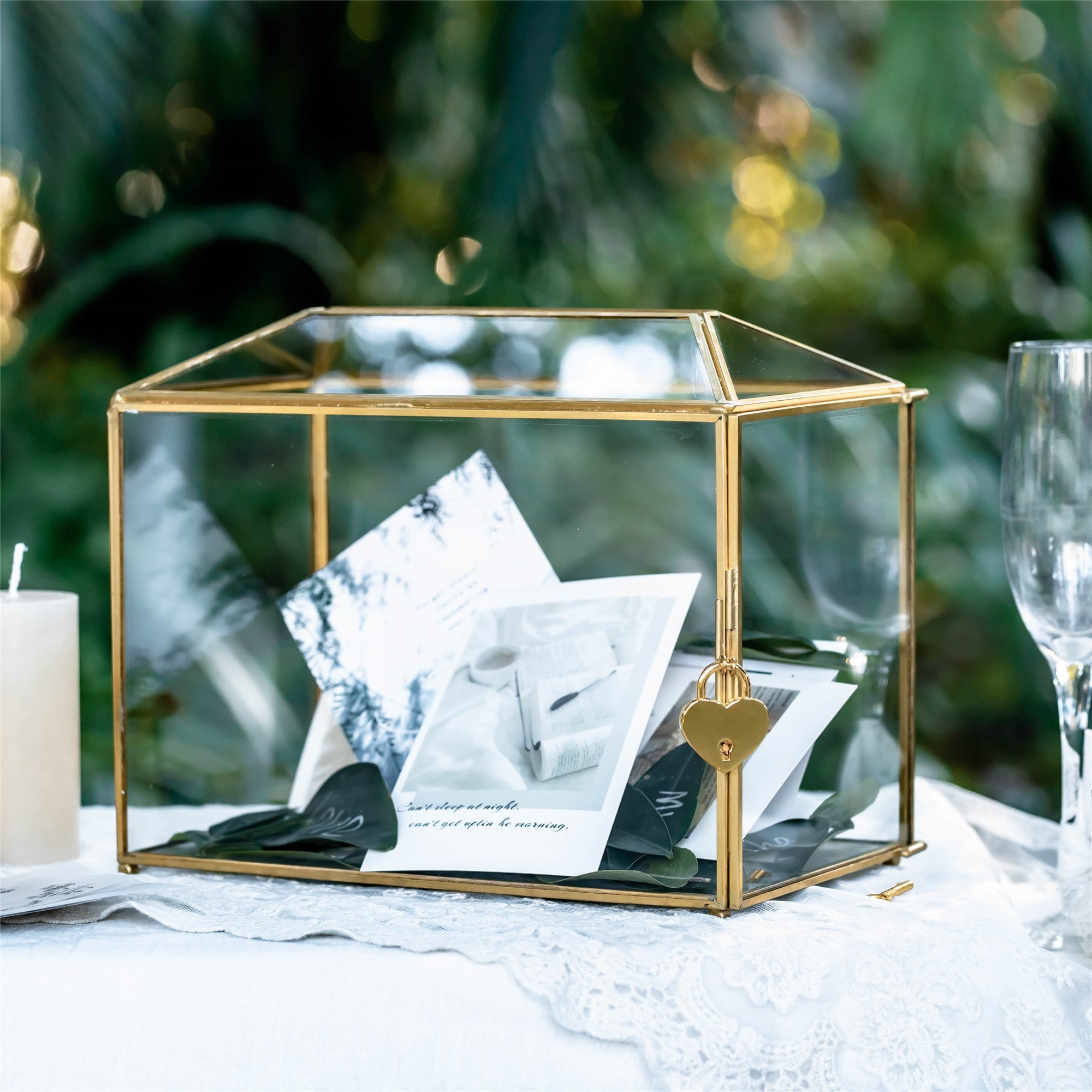 Large Geometric Glass Card Box Terrarium with Slot and Heart Lock, Foot, Gold, Handmade, Brass,for Wedding Receiption, Wishwell, Keepsake Centerpiece - NCYPgarden