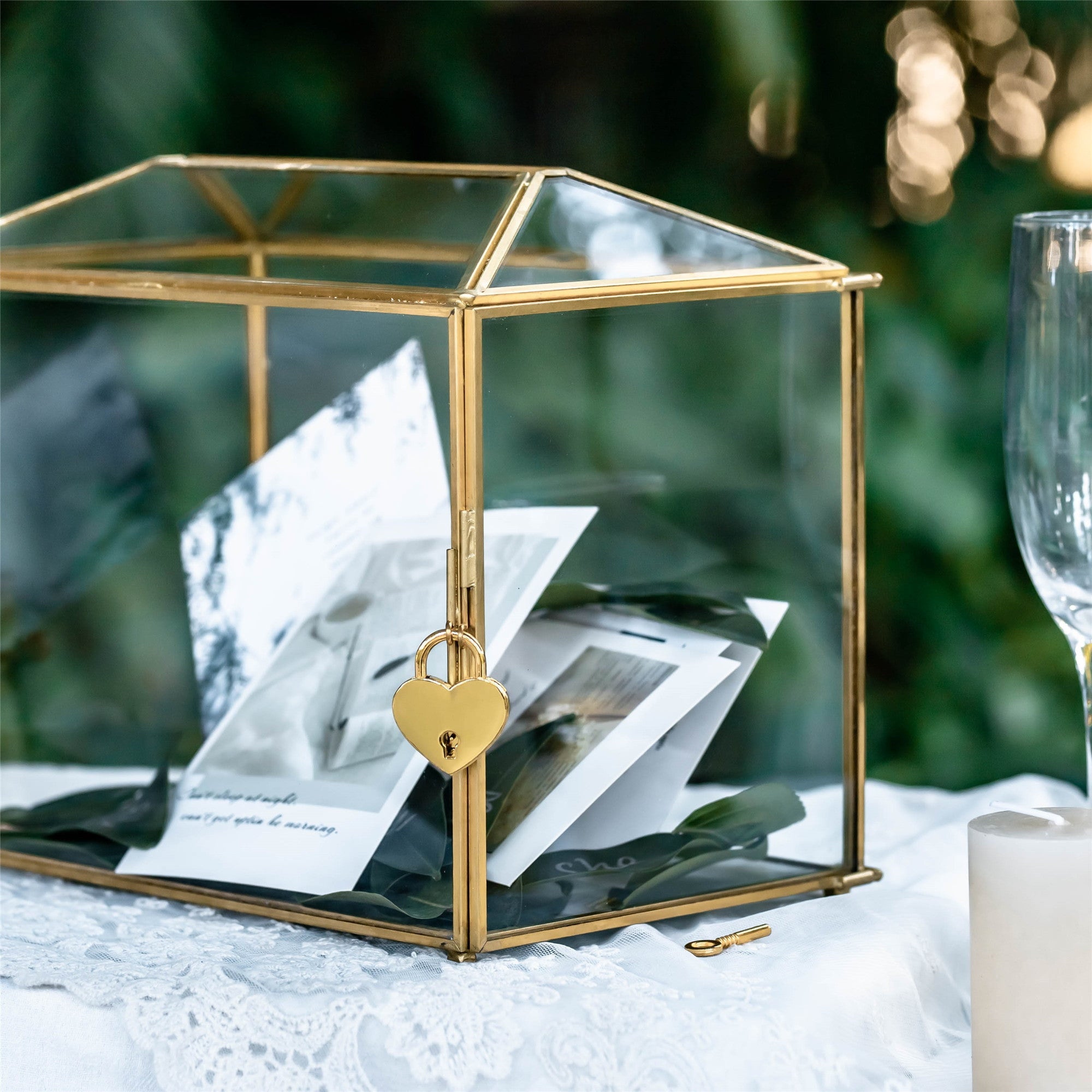 Large Geometric Glass Card Box Terrarium with Slot and Heart Lock, Foot, Gold, Handmade, Brass,for Wedding Receiption, Wishwell, Keepsake Centerpiece - NCYPgarden