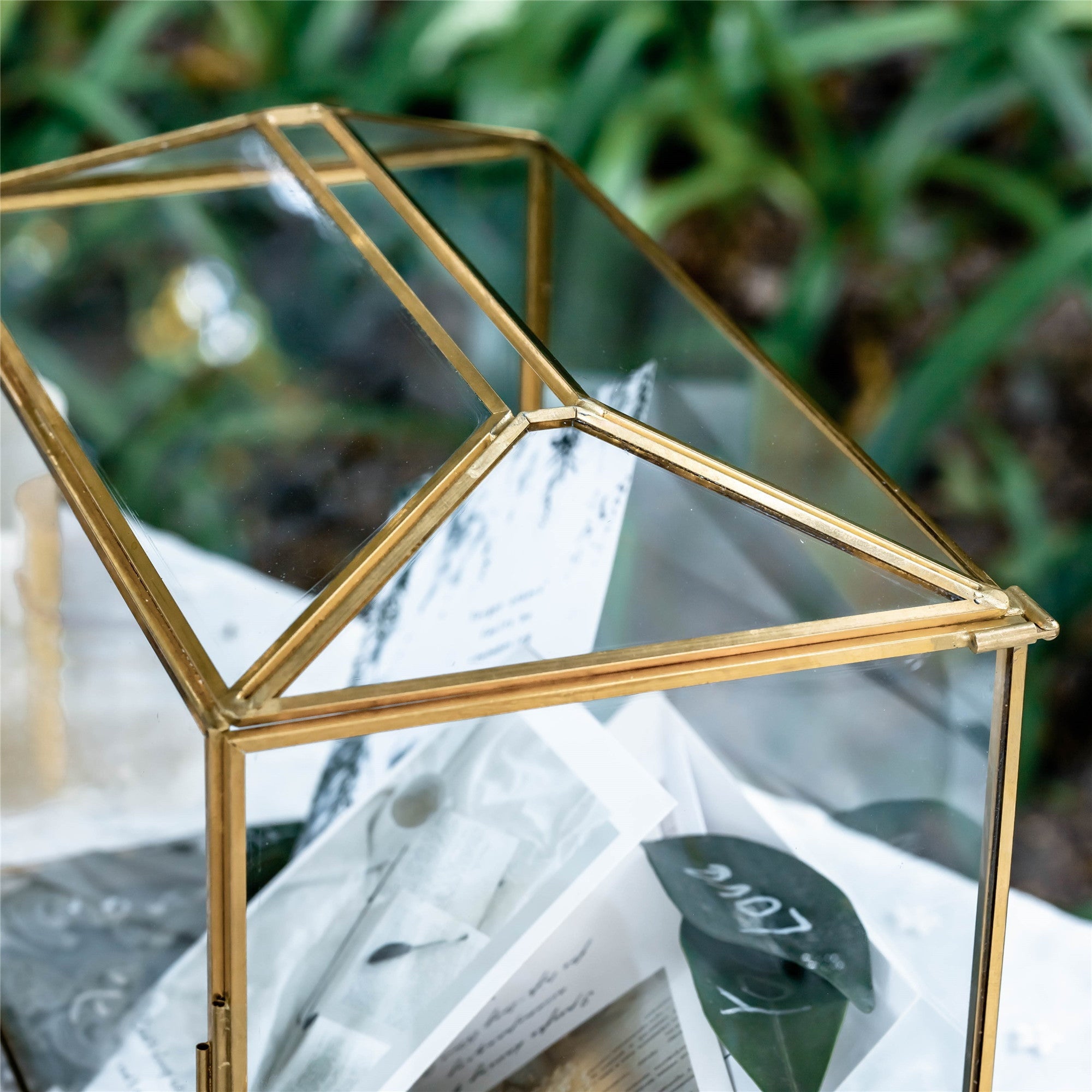 Large Geometric Glass Card Box Terrarium with Slot and Heart Lock, Foot, Gold, Handmade, Brass,for Wedding Receiption, Wishwell, Keepsake Centerpiece - NCYPgarden