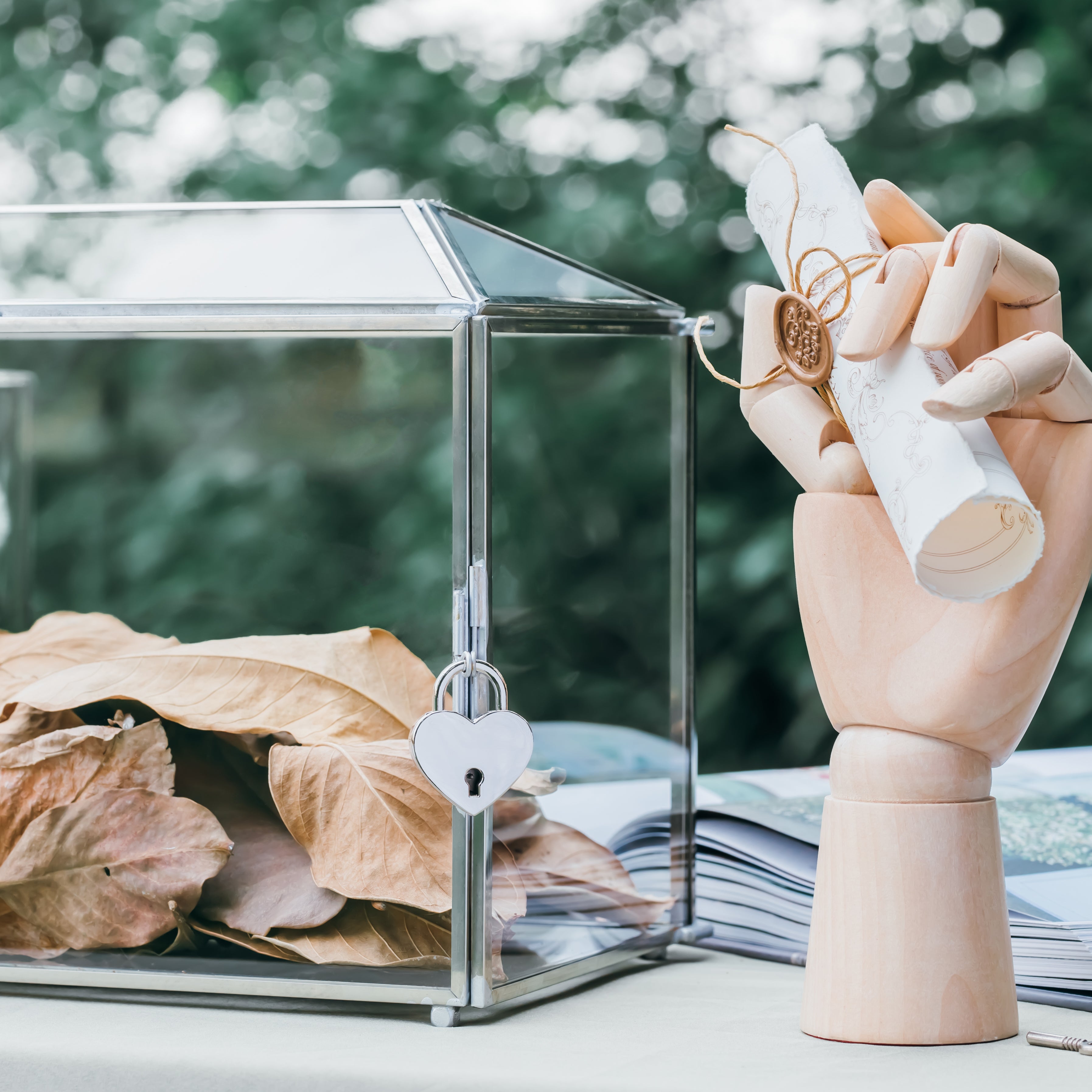 Silver Standard/Large Geometric Glass Card Box Terrarium with Slot, Heart Lock, Foot, Handmade for Wedding Receiption Wishwell Keepsake - NCYPgarden