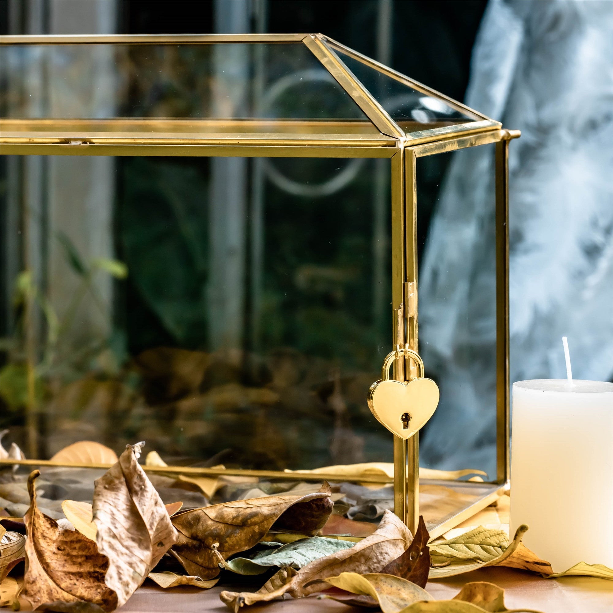 Large Geometric Glass Card Box Terrarium with Slot and Heart Lock, Foot, Gold, Handmade, Brass,for Wedding Receiption, Wishwell, Keepsake Centerpiece - NCYPgarden