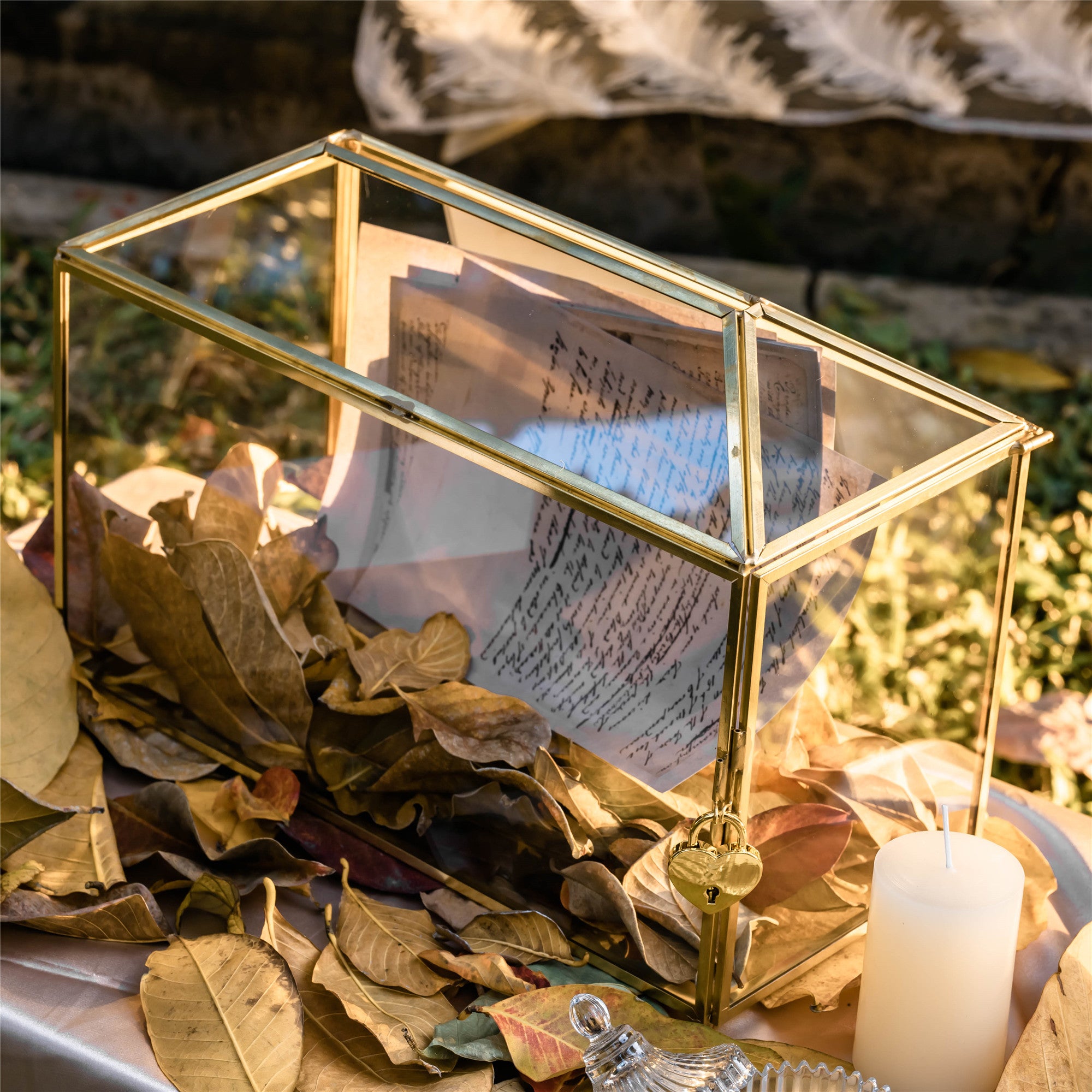 Large Geometric Glass Card Box Terrarium with Slot and Heart Lock, Foot, Gold, Handmade, Brass,for Wedding Receiption, Wishwell, Keepsake Centerpiece - NCYPgarden