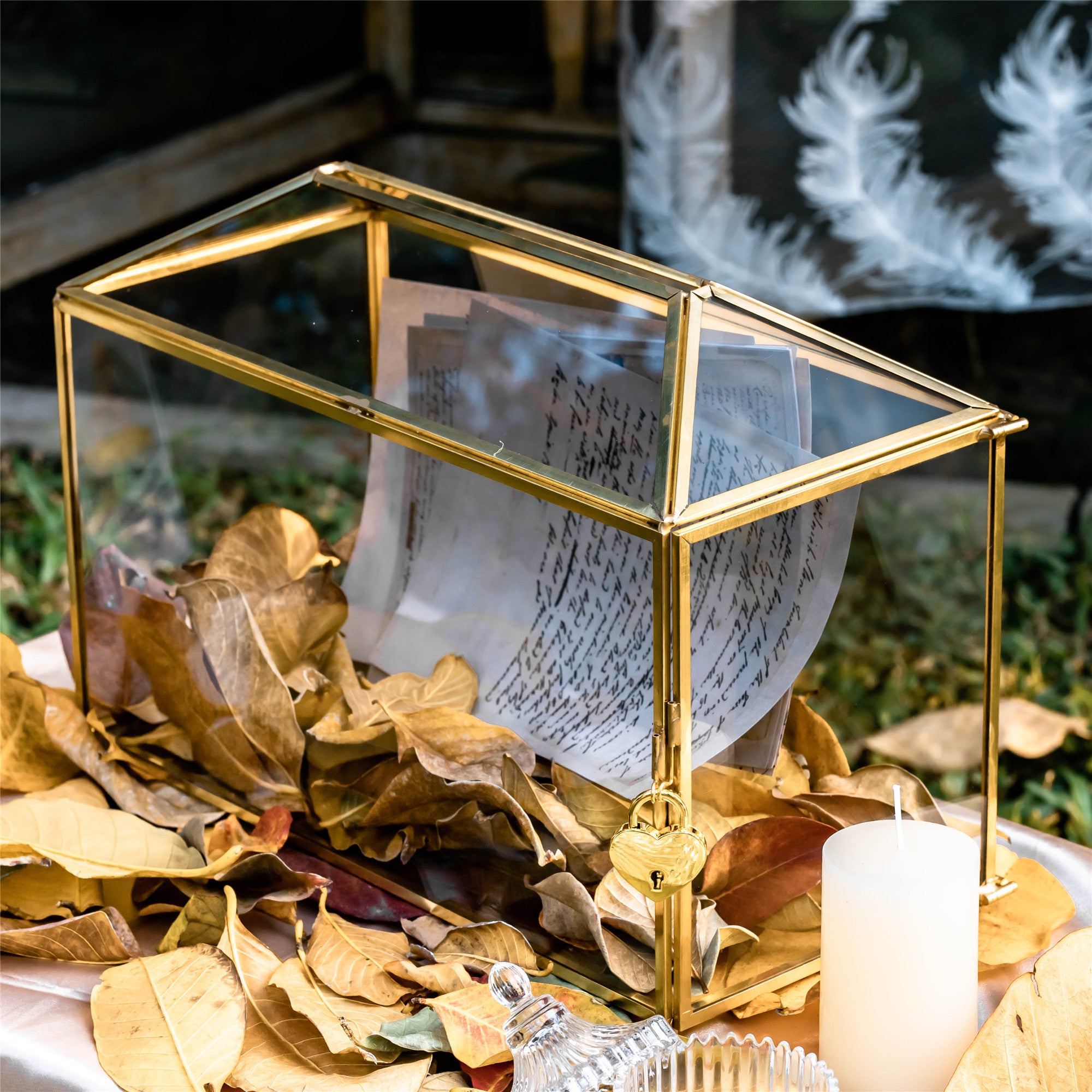 Large Geometric Glass Card Box Terrarium with Slot and Heart Lock, Foot, Gold, Handmade, Brass,for Wedding Receiption, Wishwell, Keepsake Centerpiece - NCYPgarden