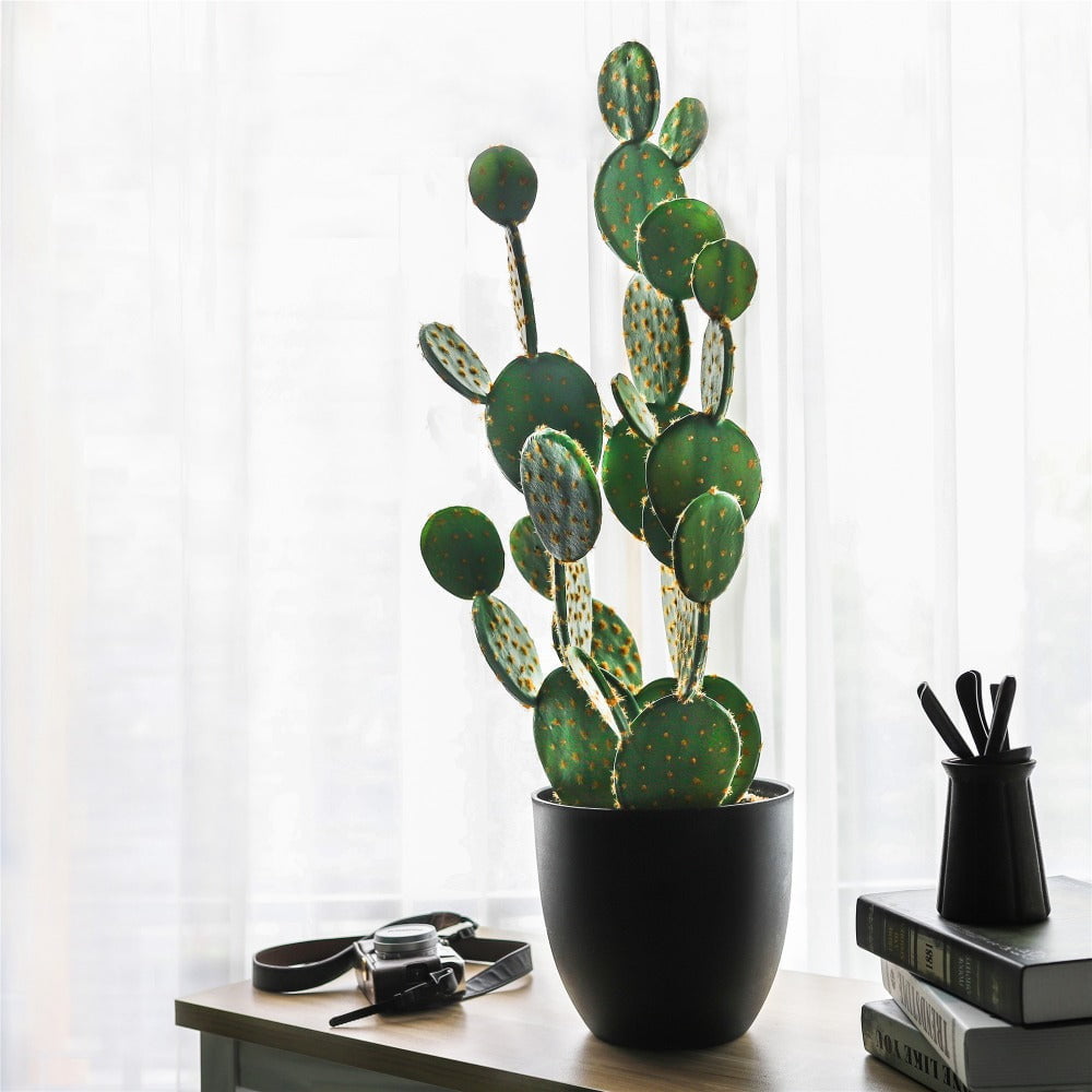 34.2" Large Natural Artificial Faux Fake Prickly Pear Cactus Desert Plant with Black Planter Pot - NCYPgarden